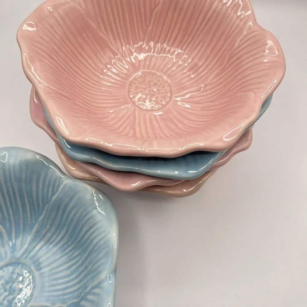 Blue And Pink Ceramic Flower Bowl 7.25” Serving Set Of 5